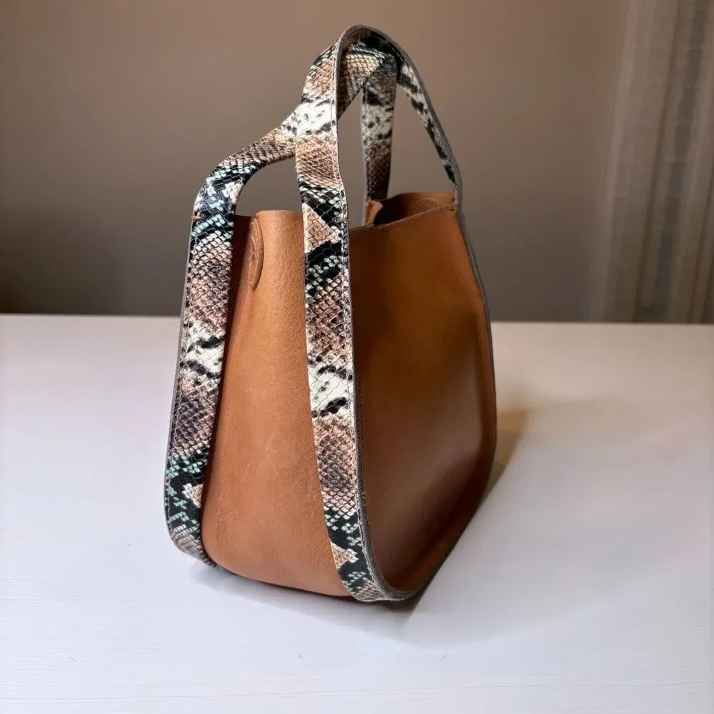 Madewell Brown Tan Leather Snakeskin Detail Double Handle‎ Satchel Crossbody Bag